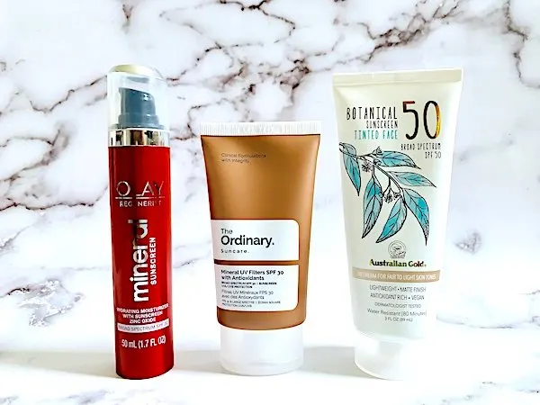 Olay Regenerist Mineral Sunscreen Hydrating Moisturizer SPF 30, The Ordinary Mineral UV Filters SPF 30 with Antioxidants and Australian Gold Botanical Sunscreen Tinted Face SPF 50 BB Cream Fair to Light Skin Tones 