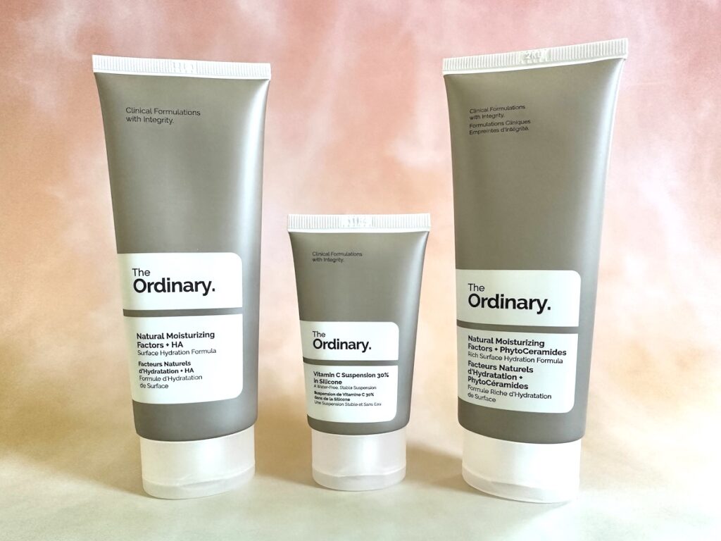 The Ordinary Natural Moisturizing Factors + HA, The Ordinary Vitamin C Suspension 30% in Silicone, and The Ordinary Natural Moisturizing Factors + Phytoceramides.