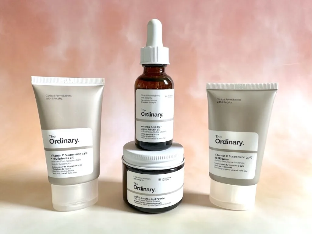 The Ordinary Vitamin C Suspension 23% + HA Spheres 2%, The Ordinary Ascorbic Acid 8% + Alpha Arbutin 2%, The Ordinary 100% L-Ascorbic Acid Powder, and The Ordinary Vitamin C Suspension 30% in Silicone