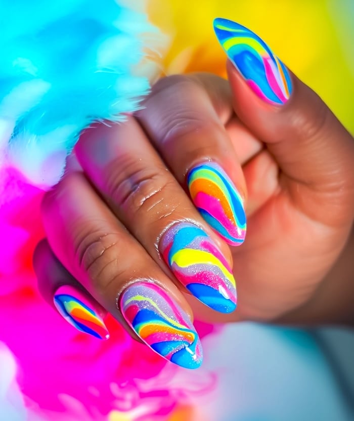 Bright neon swirl summer nails.