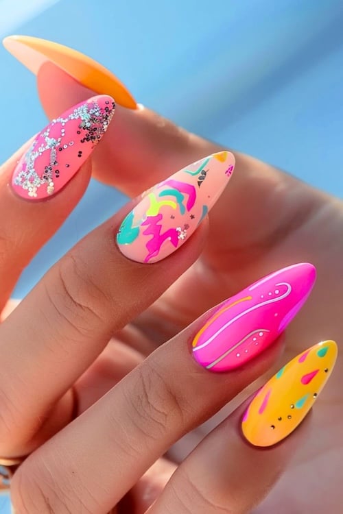 Neon nail art bright summer nails.