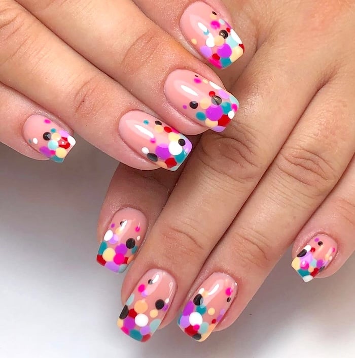 Colorful dot square May nails.