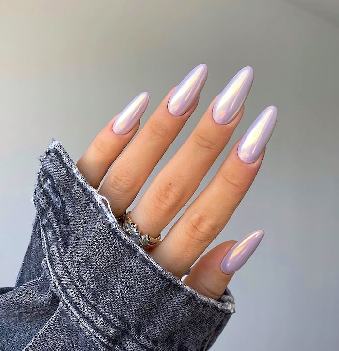 Lavender chrome nails.