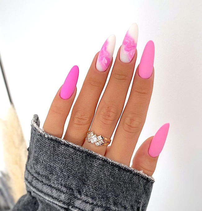 Pink and white marble nails.