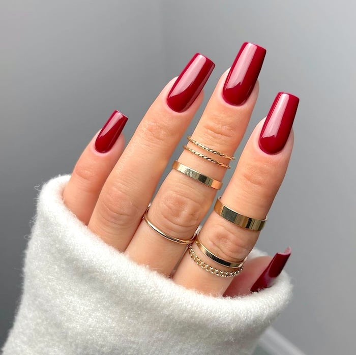 Square red nails.