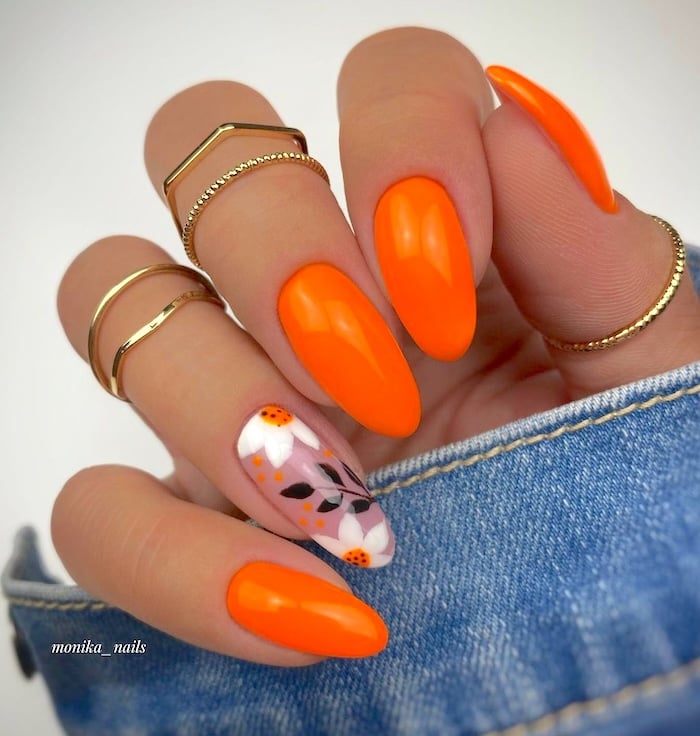 Orange flower bright summer nails.