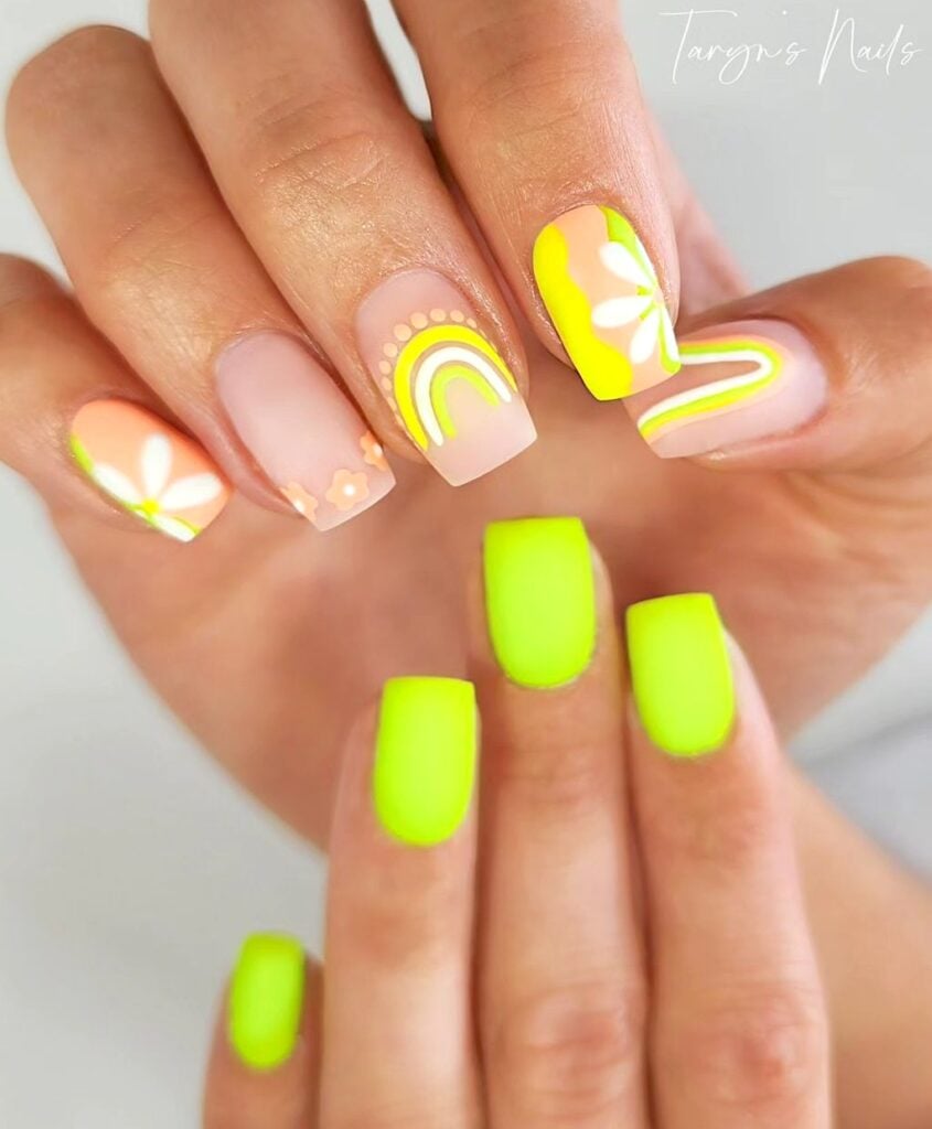 Neon yellow and green nail art.