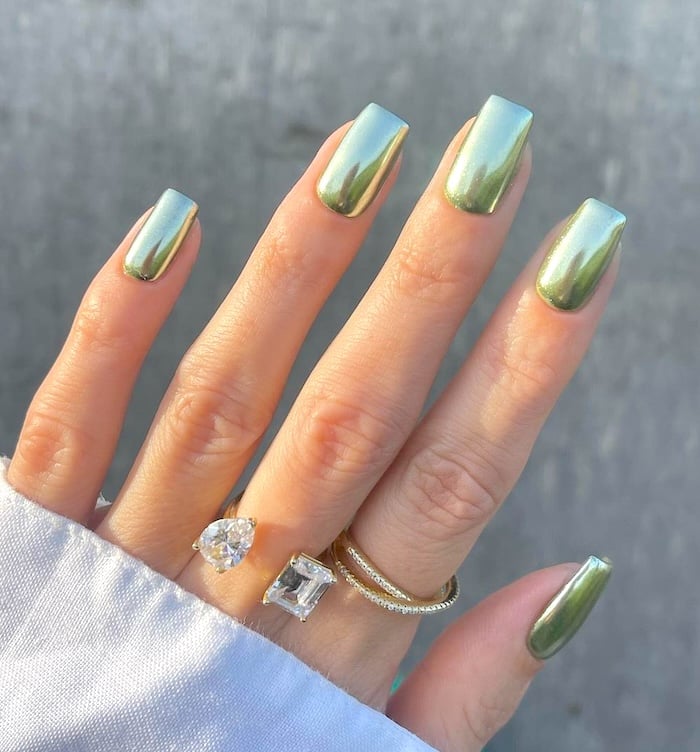 Green square chrome nails.