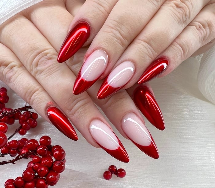 Red French tip chrome nails.