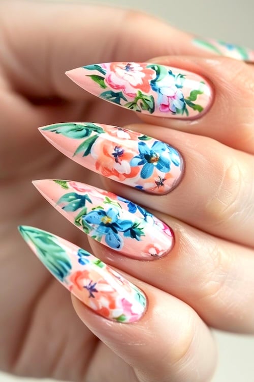 Floral stiletto nails for the month of May.