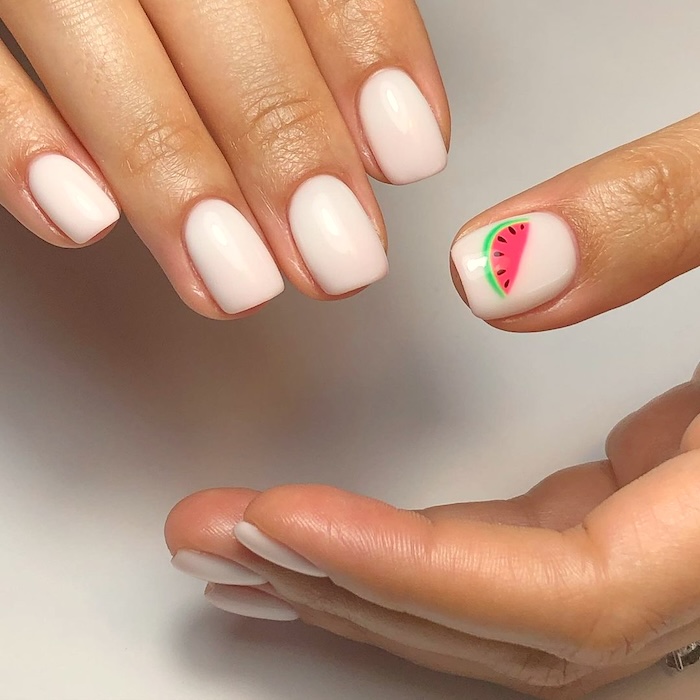 Watermelon and white minimalist nails.