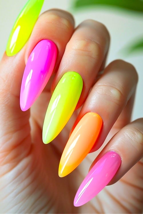 Long almond neon nails.