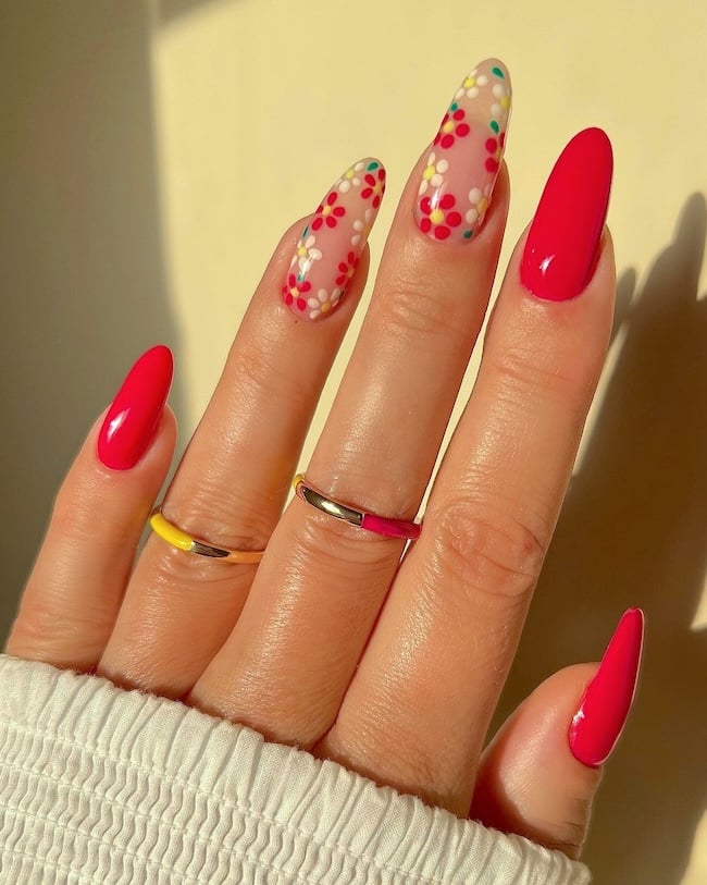 Red flower nails.