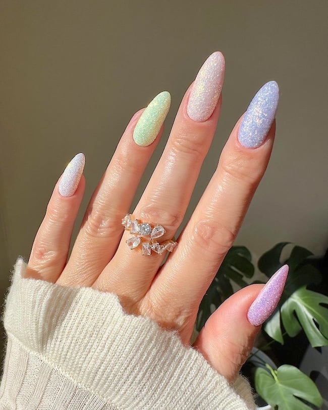 Pastel glitter nails.