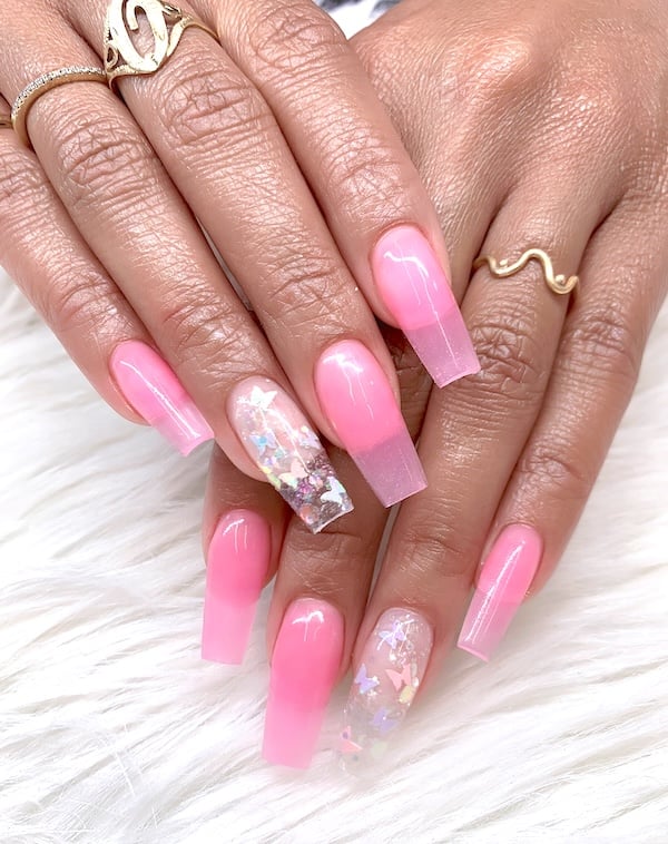 Pink jelly butterfly coffin nails for April.