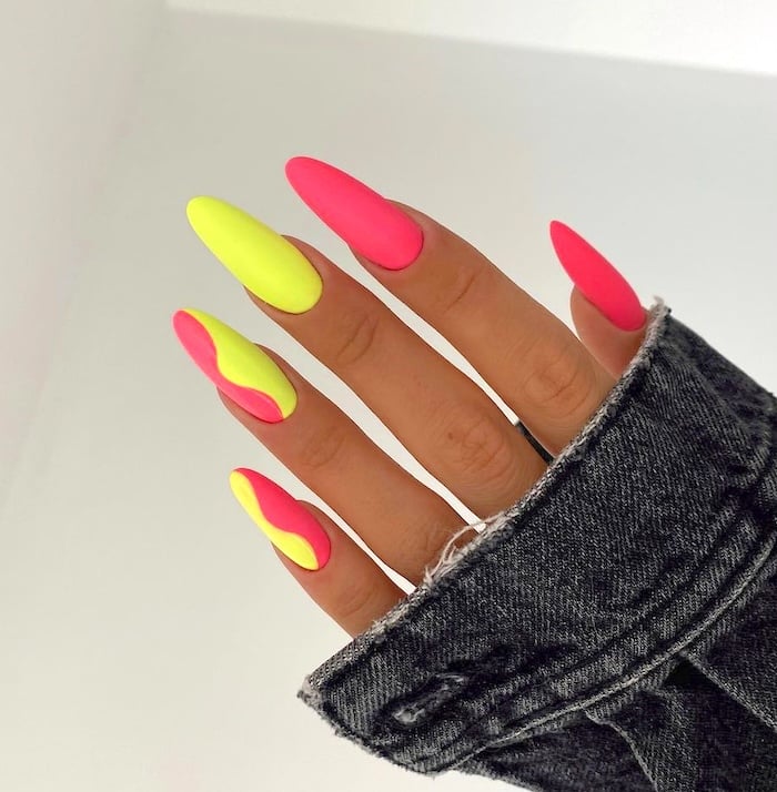 Lime pink neon nails.