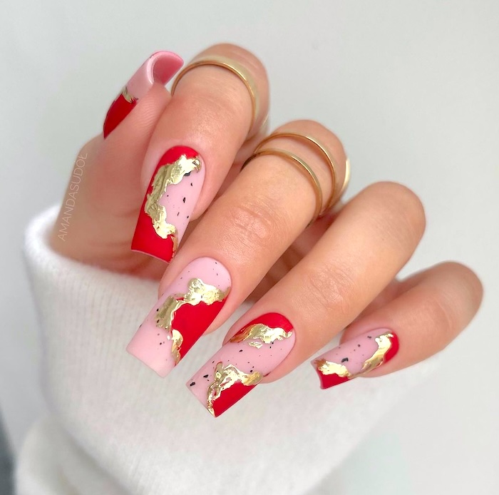 Gold foil, red and pink nails.