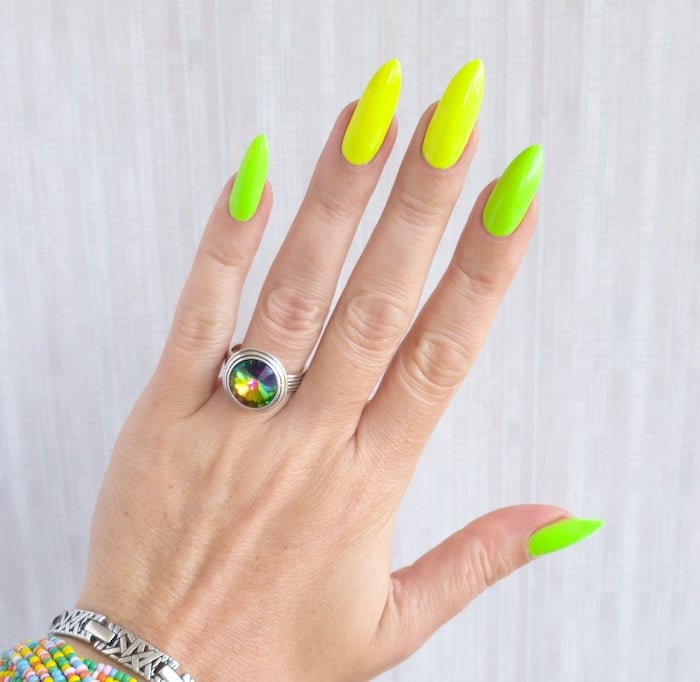 Lime green and bright yellow neon nails.