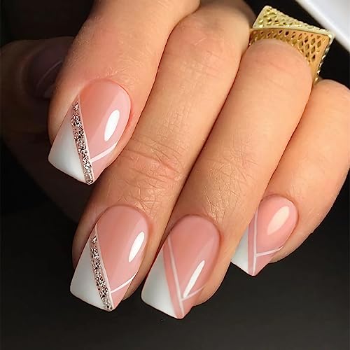 White and Pink Glitter Line Nails