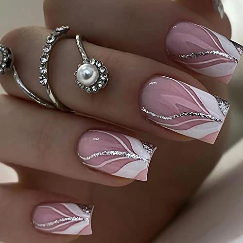 Square Pink Nails with White Lines