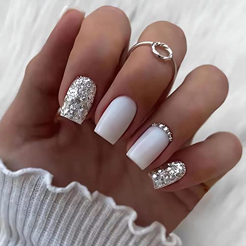 Square White and Silver Nails