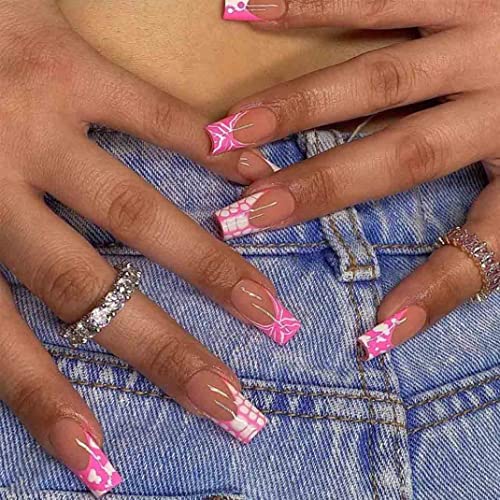 Pink Design French Tip Coffin Nails