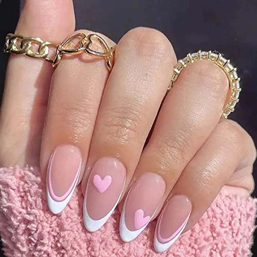 French Tips with Pink Heart Nails