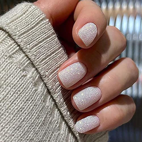 Short White Glitter Nails