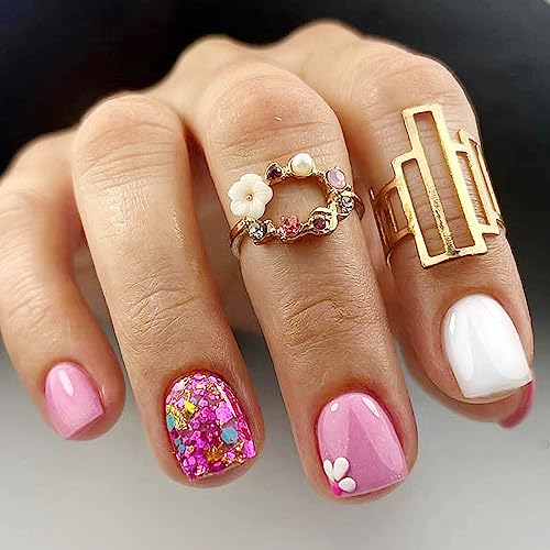 Pink Flower & White Glitter Nails