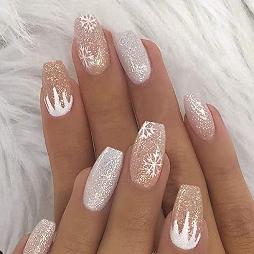 white, gold, and silver glitter coffin nails