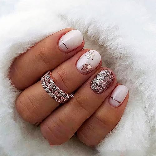 Short White Snowflake Nails