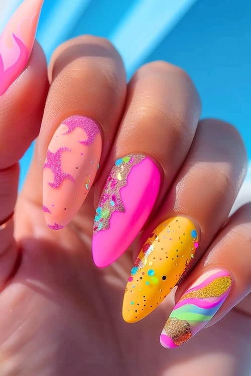 Bright summer nail art on almond nails.