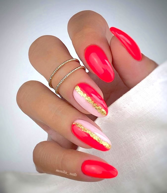 Watermelon and gold bright summer nails.