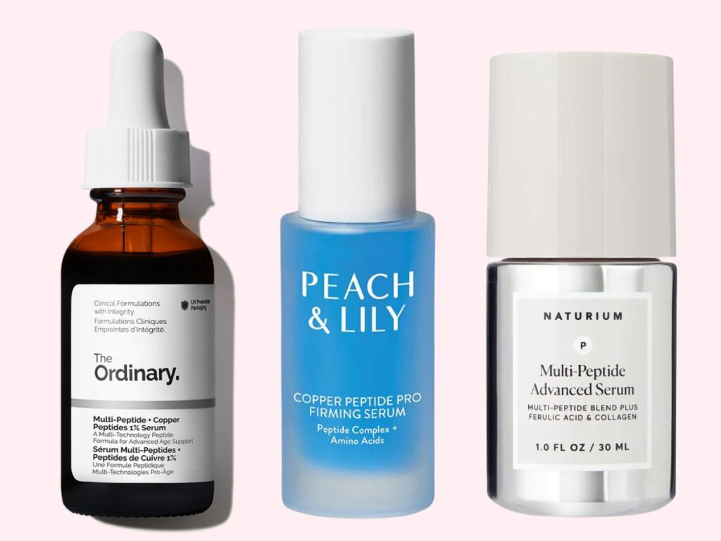 Affordable Copper Peptide Serums: The Ordinary Multi-Peptide + Copper Peptides 1% Serum, Peach & Lily Copper Peptide Pro Firming Serum, and Naturium Multi-Peptide Advanced Serum.