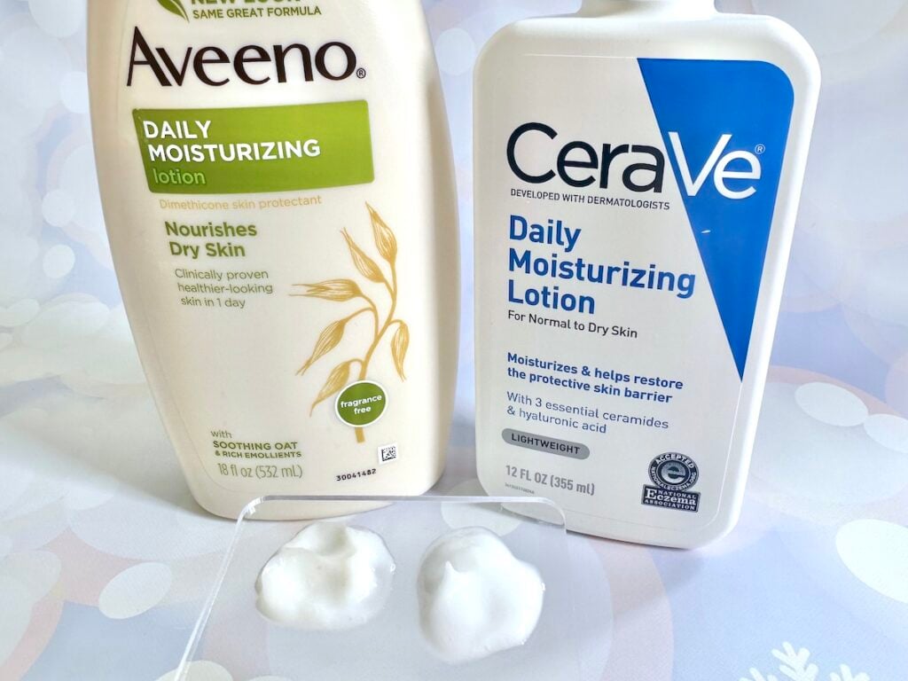 Aveeno Daily Moisturizing Lotion and CeraVe Daily Moisturizing Lotion, with lotion samples on clear spatula.