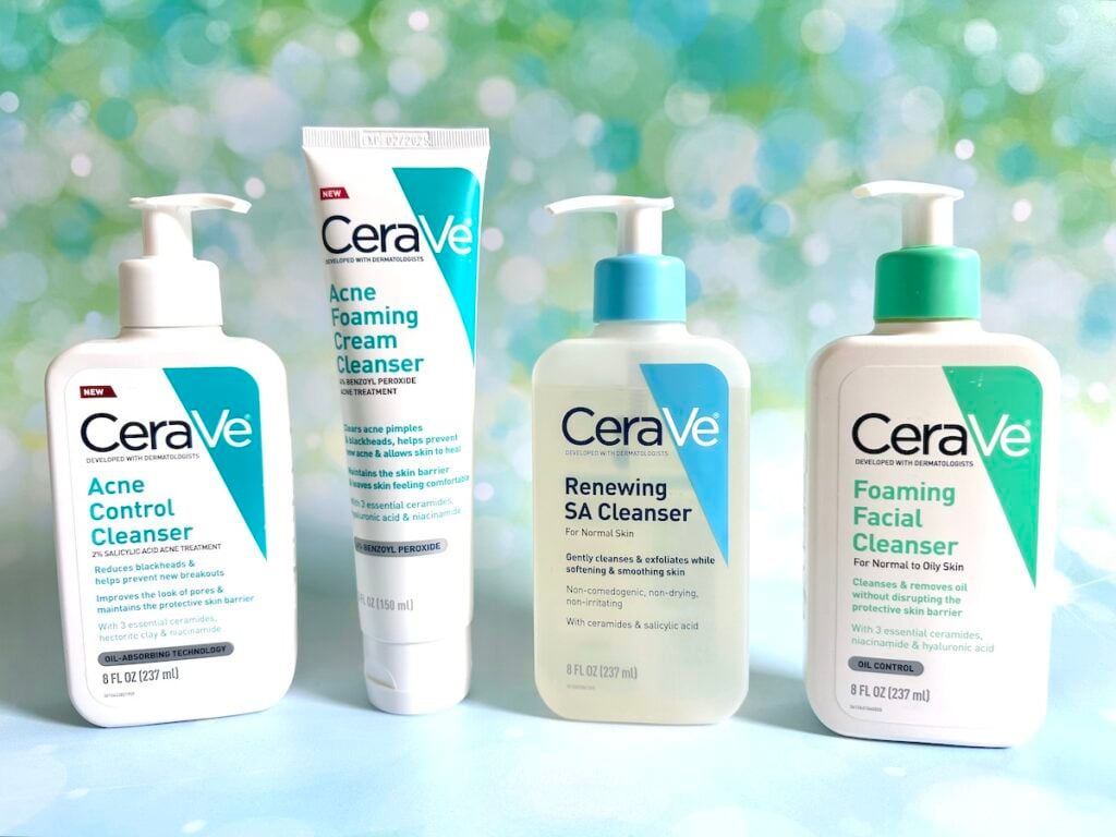 Best CeraVe Cleansers For Acne: CeraVe Acne Control Cleanser, CeraVe Acne Foaming Cream Cleanser, CeraVe Renewing SA Cleanser, and CeraVe Foaming Facial Cleanser.