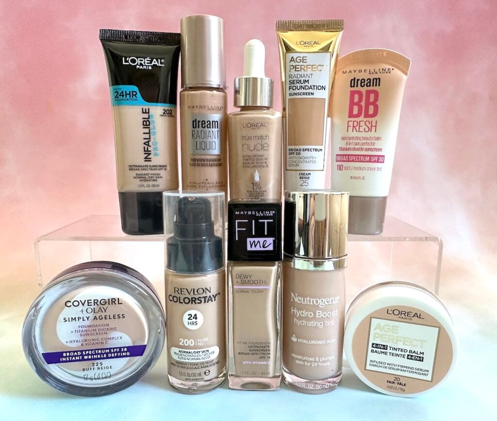 Best drugstore foundations for dry skin from L'Oreal, CoverGirl, Revlon, Neutrogena, and Maybelline.