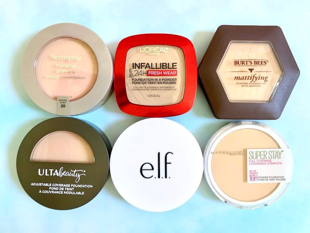 6 best drugstore powder foundatins from Neutrogena, L'Oreal, Burts' Bees, Ulta Beauty, e.l.f. and Maybelline.