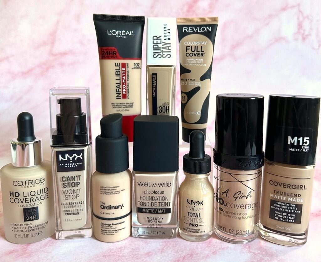 Best Full Coverage Drugstore Foundations from Catrice, NYX, The Ordinary, L'Oreal, Maybelline, Revlon, Wet N Wild, L.A. Girl and CoverGirl.