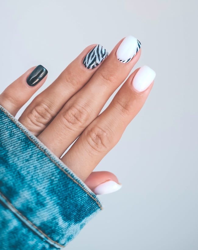 Black and white zebra short nails.