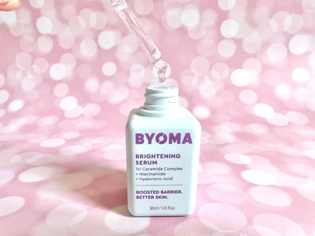 Byoma Brightening Serum, open bottle with dropper applicator.