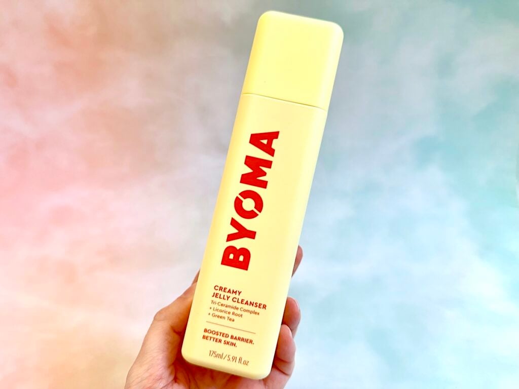 Byoma Skincare Review: Byoma Creamy Jelly Cleanser, handheld.