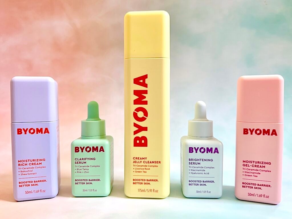 Byoma Skincare Review: Moisturizing Rich Cream, Clarifying Serum, Creamy Jelly Cleanser, Brightening Serum, and Moisturizing Gel-Cream