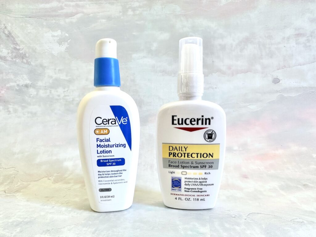 CeraVe AM Facial Moisturizing Lotion with Sunscreen and Eucerin Daily Protection Face Lotion Broad-Spectrum SPF 30.