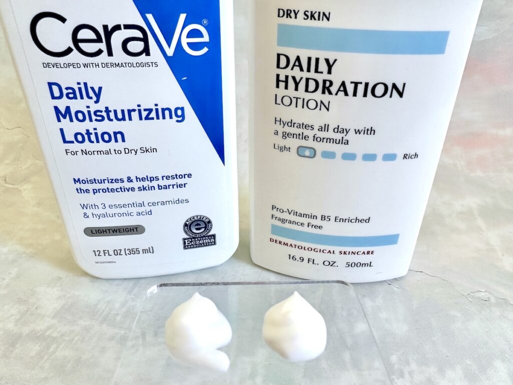 CeraVe Daily Moisturizing Lotion and Eucerin Daily Hydration Lotion sampled on clear spatula.