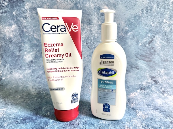 CeraVe Eczema Relief Creamy Oil and Cetaphil Eczema Restoraderm Soothing Moisturizer.