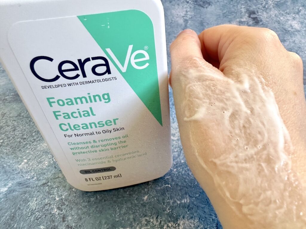 CeraVe Foaming Facial Cleanser sampled on hand.