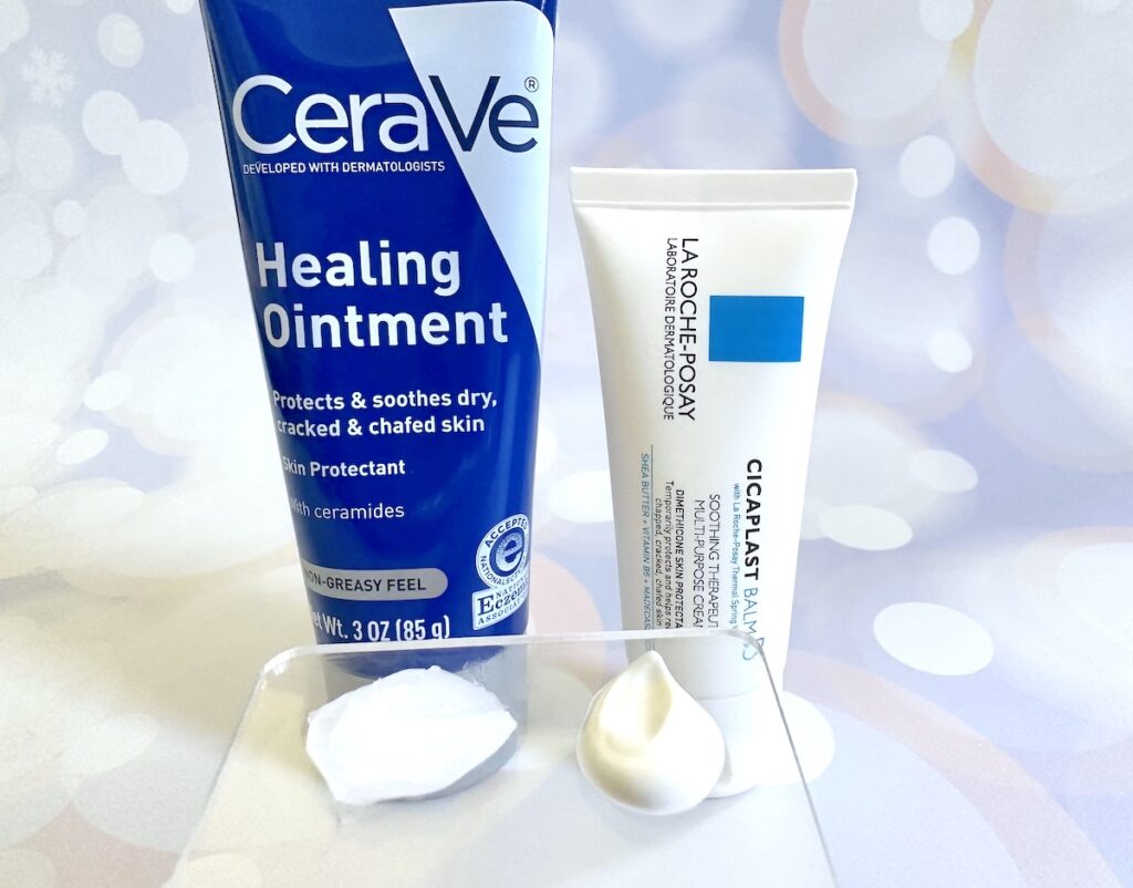 CeraVe Healing Ointment vs La Roche-Posay Cicaplast Balm B5, next to samples on clear cosmetic spatula.