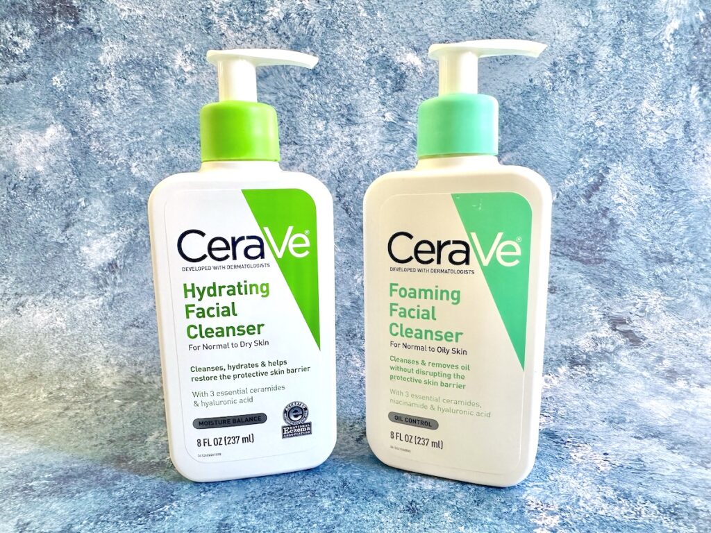 CeraVe Hydrating Cleanser and Foaming Cleanser, side by side.