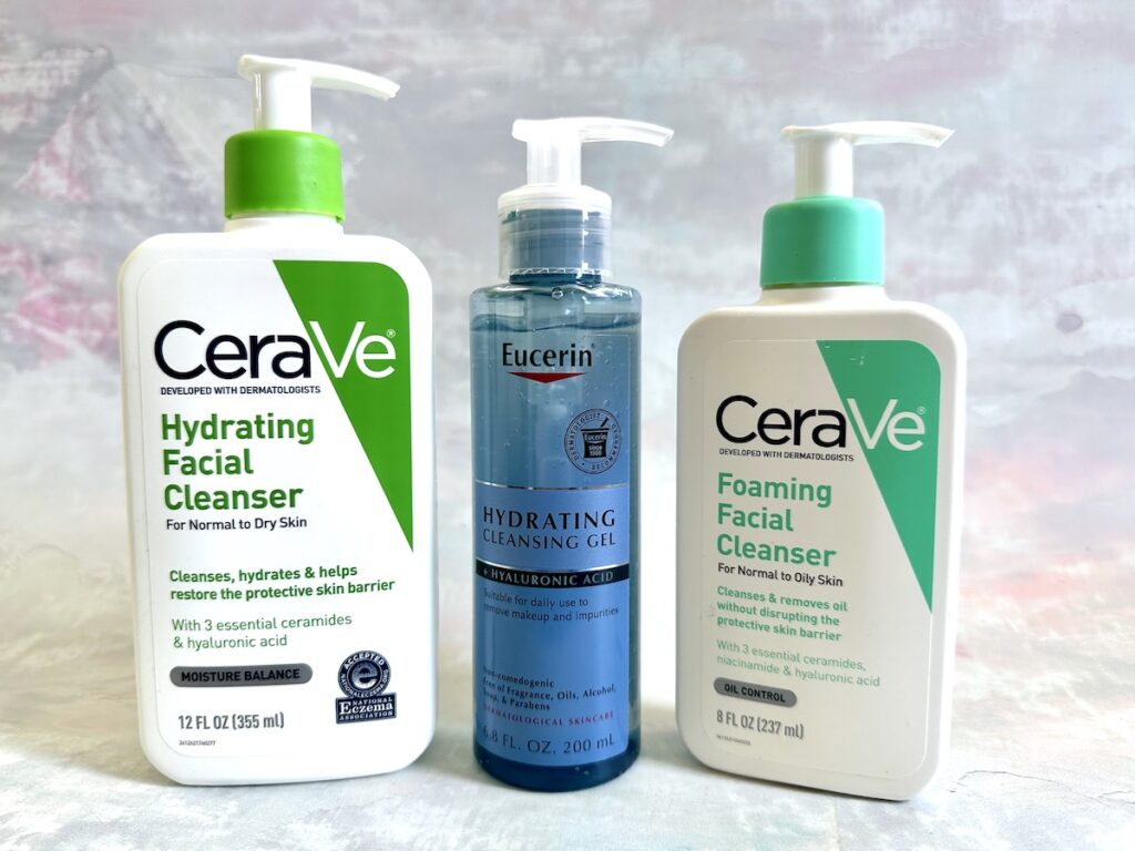 CeraVe Hydrating Facial Cleanser, Eucerin Hydrating Cleansing Gel, and CeraVe Foaming Facial Cleanser. 